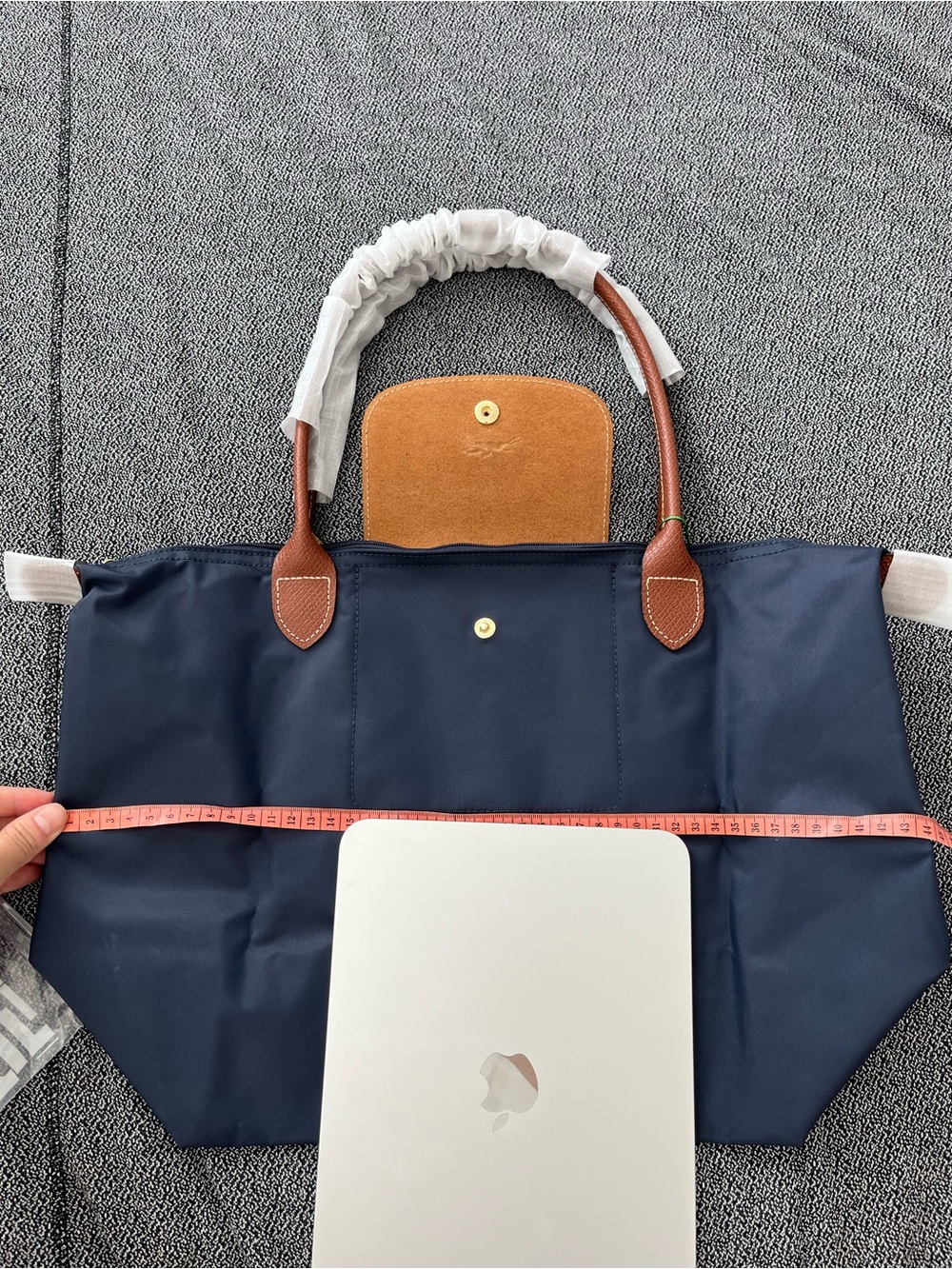 Longchamp Le Pliage Navy Tote with Brown Leather Handles large